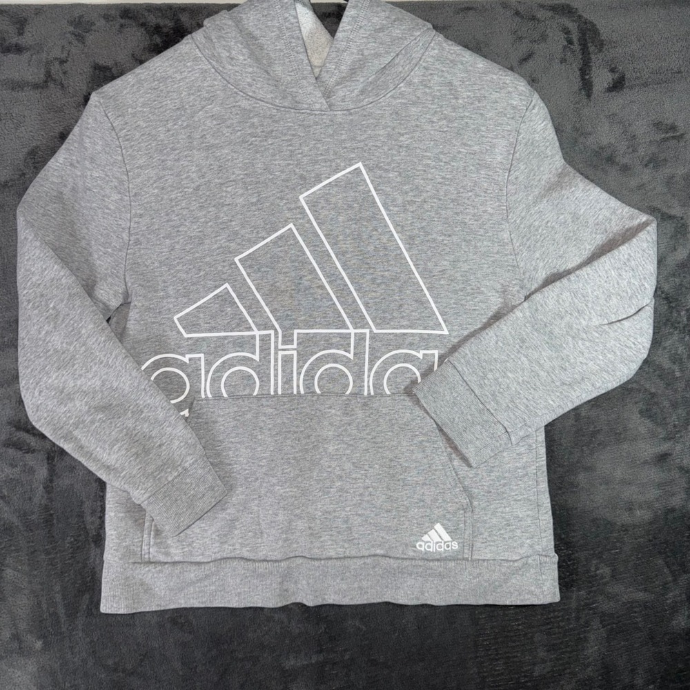 Kids Large Adidas Pullover Hoodie Gray Excellent Fleece Graphic Sweatshirt - Picture 1 of 7